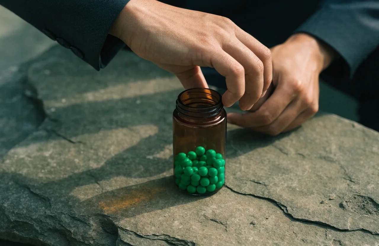 Manos abriendo un frasco sin marca de cápsulas verdes sobre piedra