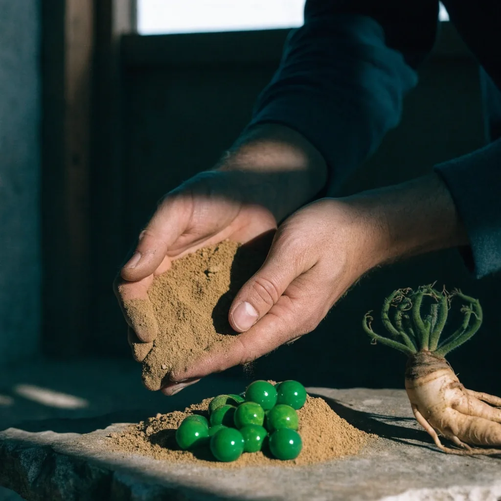 Bancada de madera oscura con plantas secas y frescas, un cuaderno cerrado y una lupa de pie sobre una hoja
