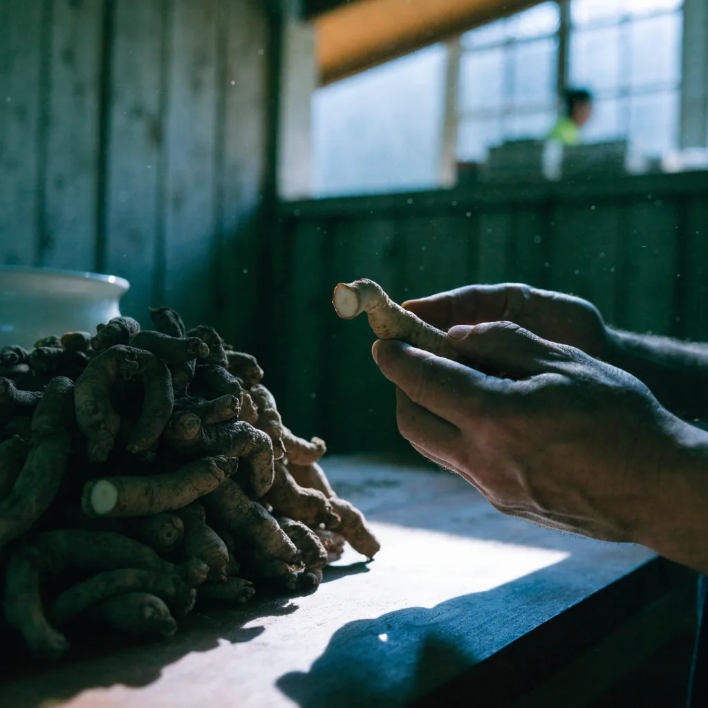 Raíces de ginseng secas y frescas dispuestas sobre una bancada oscura con una lupa de latón al lado