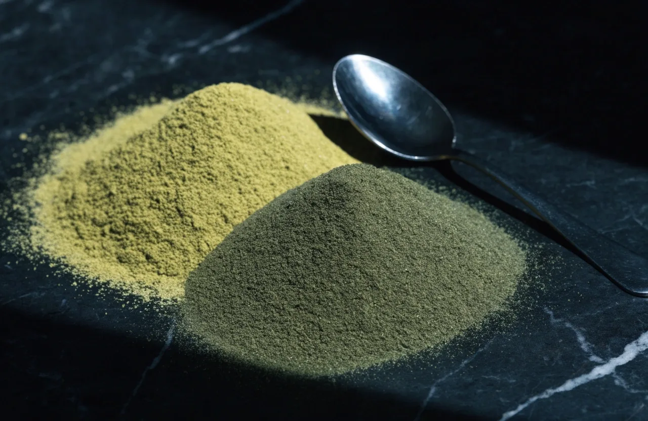Polvos vegetales en distintos tonos de verde sobre mármol oscuro