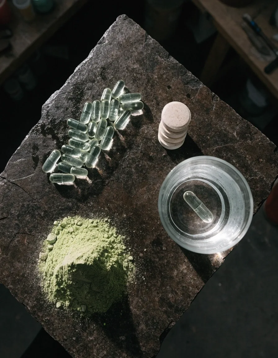 Cápsulas, tabletas, polvo verde y un efervescente disolviéndose sobre piedra oscura