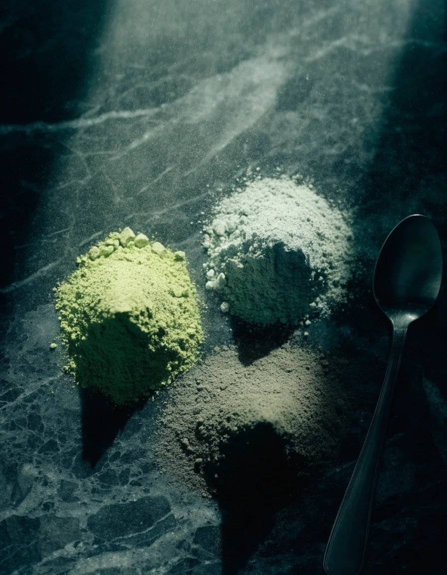 Polvos vegetales en distintos tonos verdes sobre mármol oscuro
